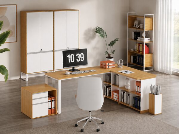 Rohový kancelársky stôl s regálom Houseland Nuvia Home 02 160 cm dub/biely