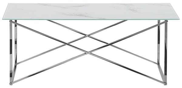 Konferenčný stolík mramorový efekt biela doska strieborné nohy tvrdené sklo nohy z nehrdzavejúcej ocele 100 x 50 cm glamour