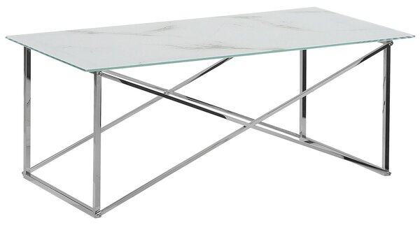 Konferenčný stolík mramorový efekt biela doska strieborné nohy tvrdené sklo nohy z nehrdzavejúcej ocele 100 x 50 cm glamour