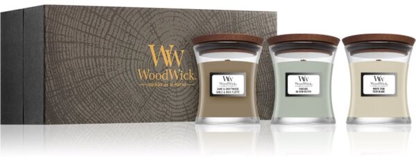 Woodwick Fireside + White Teak + Sand & Driftwood darčeková sada 3x85 g