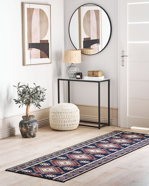 Koberec behúň modrá a červená polyester 80 x 240 cm orientálny geometrický vzor protišmykový vintage moderný štýl predsieň