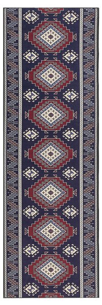 Koberec behúň modrá a červená polyester 80 x 240 cm orientálny geometrický vzor protišmykový vintage moderný štýl predsieň
