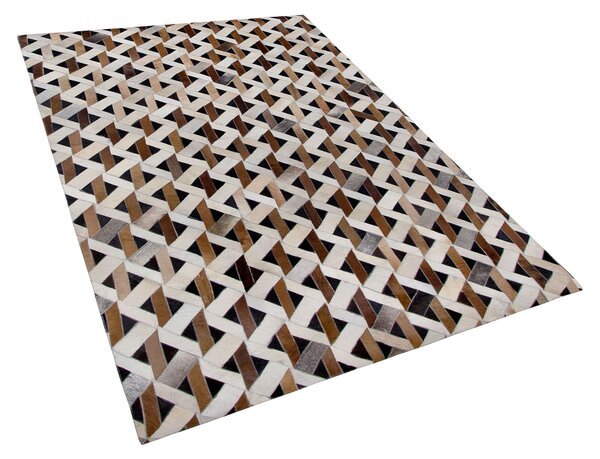 Koberec hnedý a sivý pravá koža 140 x 200 cm krátky vlas geometrický vzor rustikálny boho
