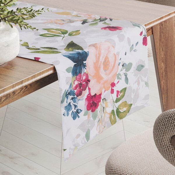 Biante Bavlnený behúň na stôl Sandra SA-387 Veľké žlté a modré kvety na bielom 20x120 cm