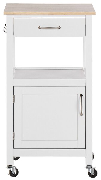 Kuchynský vozík biely vrchná doska zo svetlého dreva MDF 48 x 39 x 89 cm skrinka zásuvka polica vešiačiky na kolieskach úložný priestor