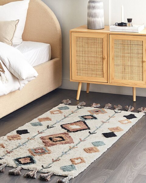 Koberec viacfarebný bavlnený 80 x 150 cm obdĺžnikový so strapcami farebný vzor boho orientálny štýl