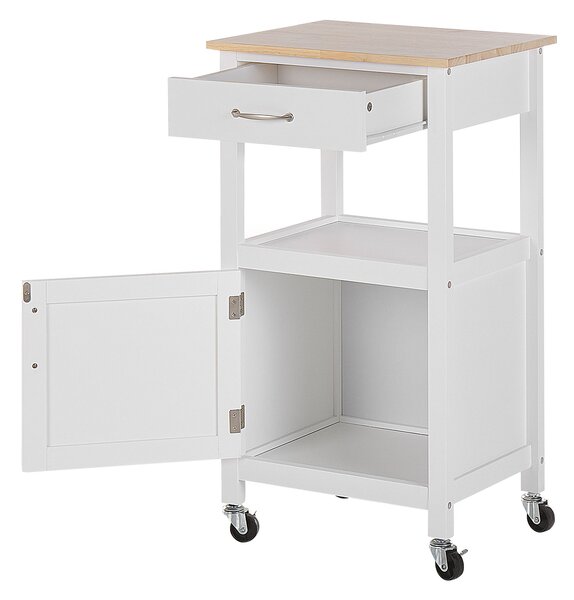 Kuchynský vozík biely vrchná doska zo svetlého dreva MDF 48 x 39 x 89 cm skrinka zásuvka polica vešiačiky na kolieskach úložný priestor