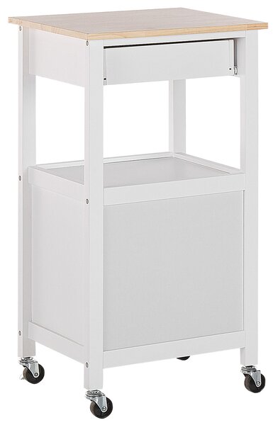 Kuchynský vozík biely vrchná doska zo svetlého dreva MDF 48 x 39 x 89 cm skrinka zásuvka polica vešiačiky na kolieskach úložný priestor