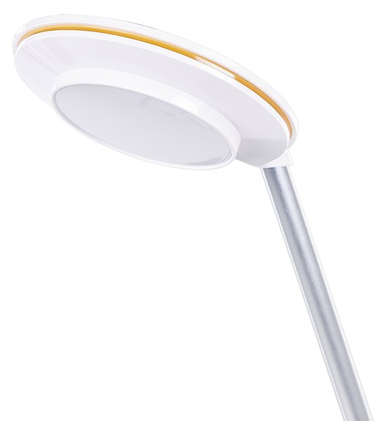LED stolová lampa strieborná kovová kancelárska lampa s nastaviteľným ramenom a stmievačom USB port