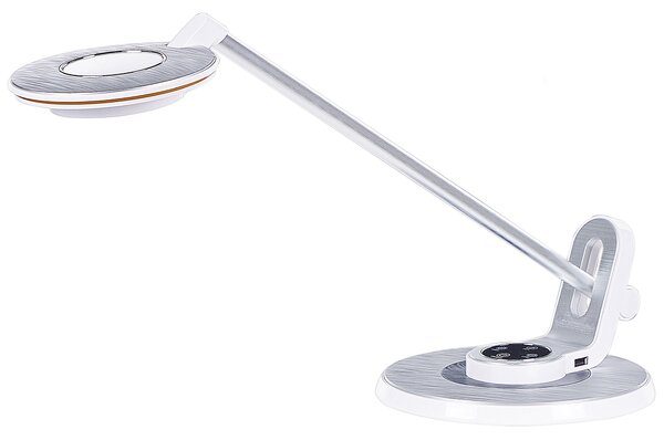 LED stolová lampa strieborná kovová kancelárska lampa s nastaviteľným ramenom a stmievačom USB port