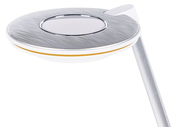 LED stolová lampa strieborná kovová kancelárska lampa s nastaviteľným ramenom a stmievačom USB port