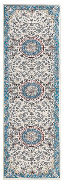 Koberec behúň béžová a modrá polyester 80 x 240 cm orientálny vzor protišmykový vintage moderný štýl predsieň