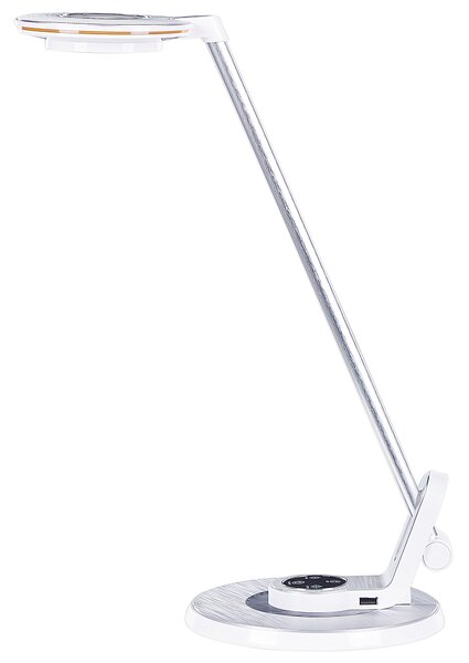 LED stolová lampa strieborná kovová kancelárska lampa s nastaviteľným ramenom a stmievačom USB port
