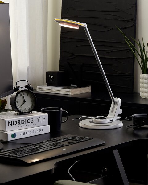 LED stolová lampa strieborná kovová kancelárska lampa s nastaviteľným ramenom a stmievačom USB port