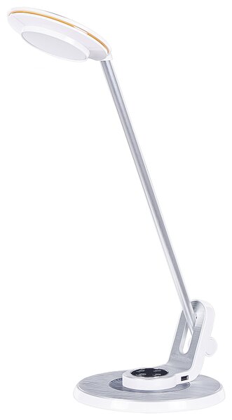 LED stolová lampa strieborná kovová kancelárska lampa s nastaviteľným ramenom a stmievačom USB port