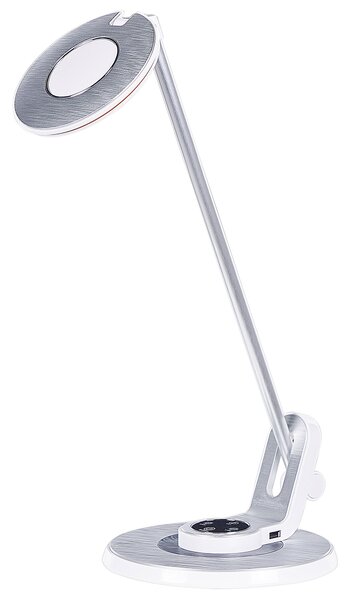 LED stolová lampa strieborná kovová kancelárska lampa s nastaviteľným ramenom a stmievačom USB port