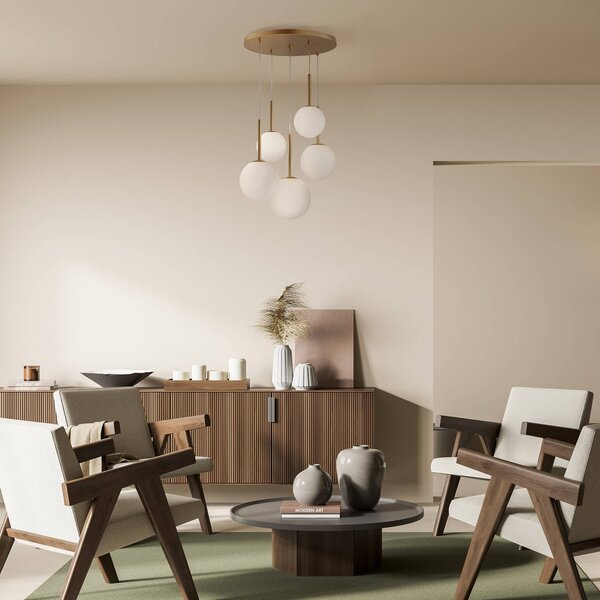 Maytoni závesná lampa Basic form, zlatá, Ø 58 cm 5 svetiel, sklo, Mosadz / zlato, Obývacia izba / jedáleň, Sklo, Moderný, Závesné svietidlo