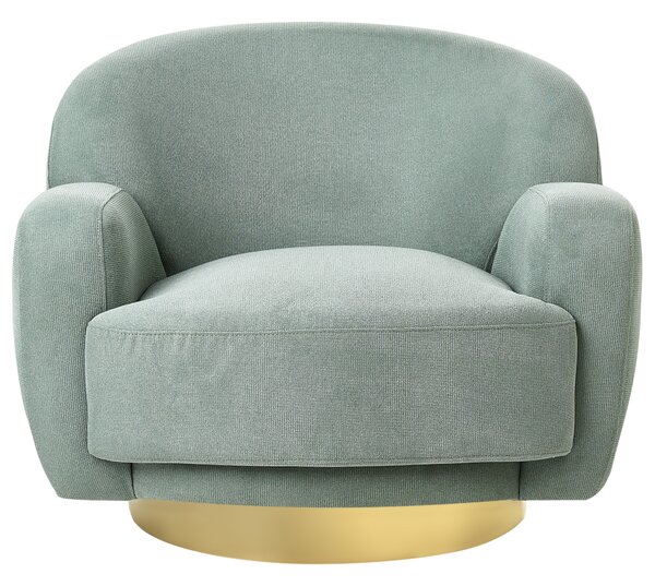 Kreslo zelené látkové čalúnenie polyester zlatý kovový podstavec retro glamour art deco štýl obývačka spálňa