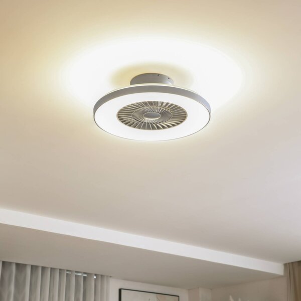 Lindby Smart LED stropný ventilátor Paavo, strieborný, tichý, Tuya, Hliník / sivá / zinok, Obývacia izba / jedáleň, Plast, Moderný, Závesné svietidlo