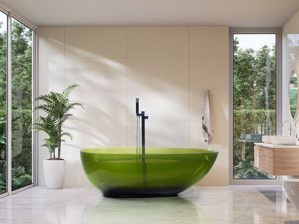 Voľne stojaca vaňa priehľadná zelená z materiálu solid surface 169 x 78 cm oválne pre jednu osobu moderný dizajn