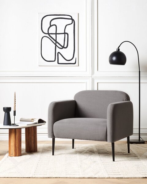 Kreslo sivé látkové čalúnenie čierne kovové nohy 83 x 74 x 77 cm nízke operadlo retro štýl obývacia izba