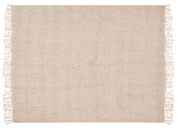 Deka svetlobéžová z bavlny a akrylu 150 x 200 cm pletená prikrývka na posteľ so strapcami