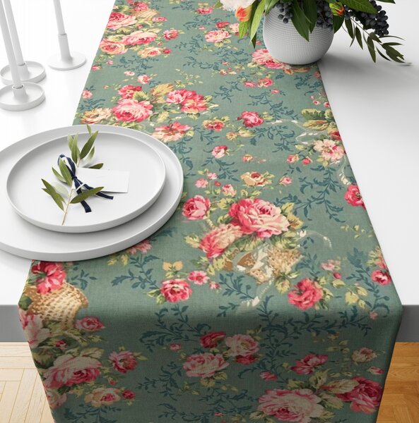 Ervi bavlnený behúň na stôl - Ruže na zelenom