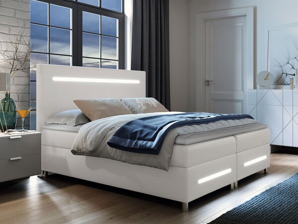 Boxspringová manželská posteľ 140x200 MARIELA - biela ekokoža + topper a LED osvetlenie ZDARMA