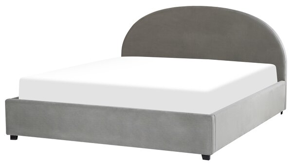 Posteľ s úložným priestorom sivá zamatová čalúnená 180 x 200 cm zaoblené čelo minimalistický retro dizajn spálňa