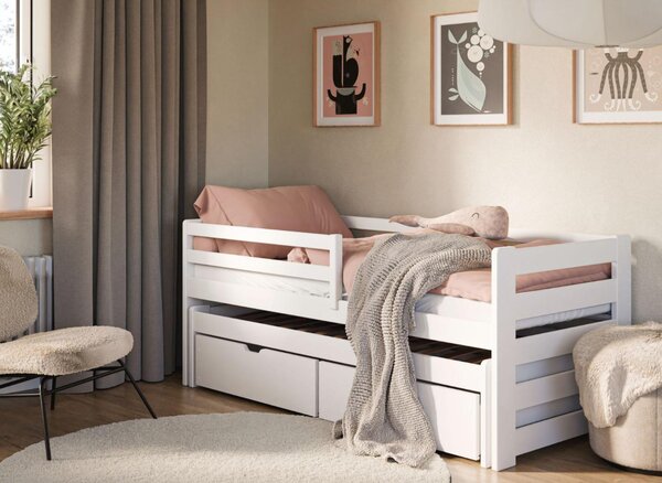 MAXMAX Detská posteľ z masívu borovice SANDRA s prístelkou a zásuvkami - 200x90 cm - BIELA
