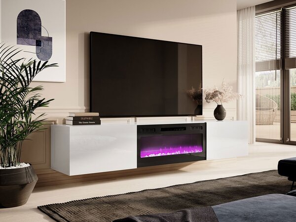Závesný TV stolík s elektrickým krbom TOKA - biely / lesklý biely