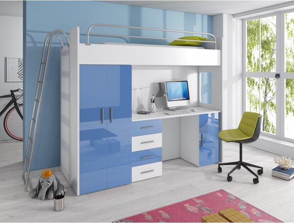 Posteľ s písacím stolom do detskej izby RENI 4 - 80x200, biela / modrá