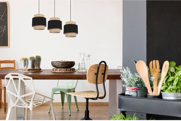 Závesné svietidlo Boho, 3x jutové/čierne textilné tienidlo