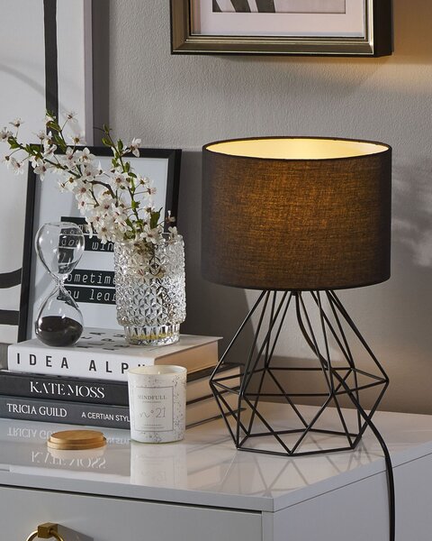 Stolná lampa čierne tienidlo čierny kovový podstavec v tvare klietky industriálny štýl