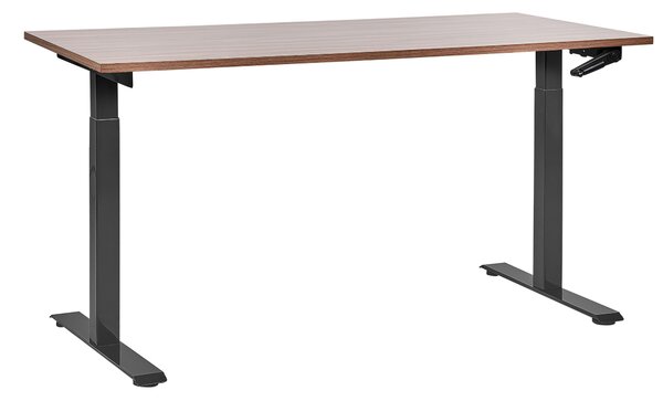 Výškovo nastaviteľný písací stôl tmavé drevo čierny oceľový rám 160 x 72 cm manuálne nastavenie výšky moderná kancelária