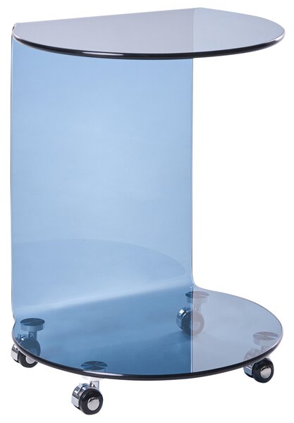 Odkladací stolík modrý tvrdené sklo 57 x 45 cm s kolieskami tvar písmena C moderný minimalistický štýl obývacia izba