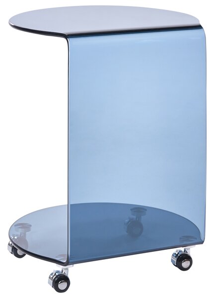 Odkladací stolík modrý tvrdené sklo 57 x 45 cm s kolieskami tvar písmena C moderný minimalistický štýl obývacia izba