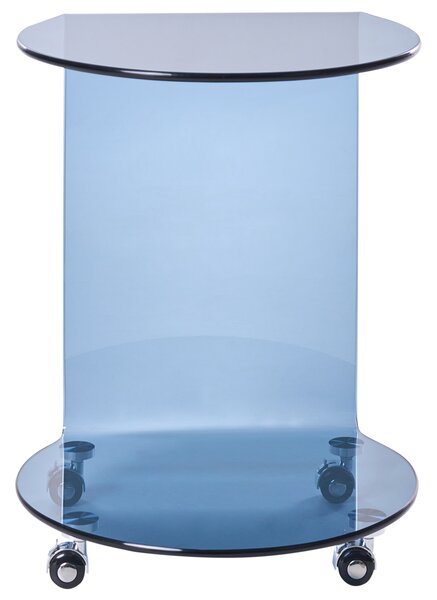Odkladací stolík modrý tvrdené sklo 57 x 45 cm s kolieskami tvar písmena C moderný minimalistický štýl obývacia izba