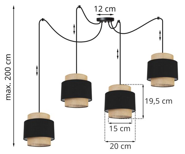 Závesné svietidlo Boho Spider, 4x jutové/čierne textilné tienidlo