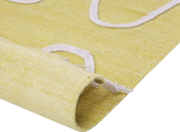 Koberec žltý polyester 80 x 150 cm ručne tkaný obdĺžnikový abstraktný vzor so strapcami boho do interiéru a exteriéru