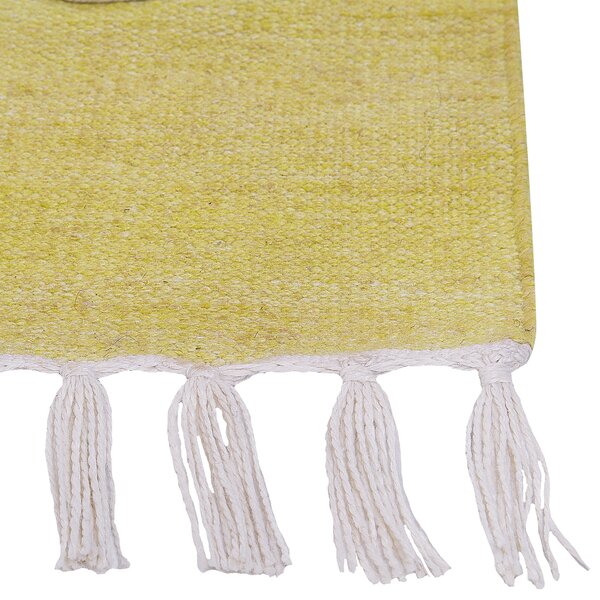 Koberec žltý polyester 80 x 150 cm ručne tkaný obdĺžnikový abstraktný vzor so strapcami boho do interiéru a exteriéru