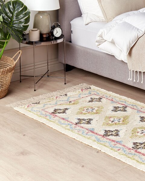 Koberec viacfarebný jutový 80 x 150 cm obdĺžnikový so strapcami ručne tkaný boho štýl obývacia izba spálňa