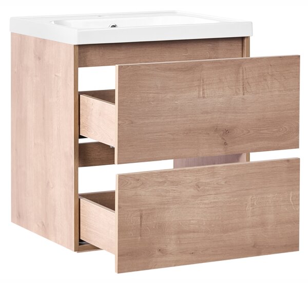 Závesná kúpeľňová skrinka na stenu svetlohnedá MDF 60 x 49 cm s 2 zásuvkami a umývadlom