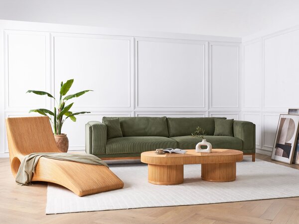 Záhradný konferenčný stolík svetlé drevo ratan 150 x 70 cm moderný štýl exteriér