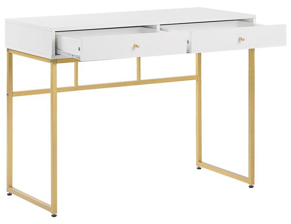 Písací stôl biela zlatá MDF kov 100 x 79 cm matný povrch 2 zásuvky moderný industriálny glamour štýl kancelária