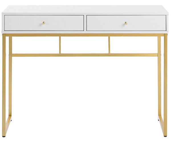 Písací stôl biela zlatá MDF kov 100 x 79 cm matný povrch 2 zásuvky moderný industriálny glamour štýl kancelária