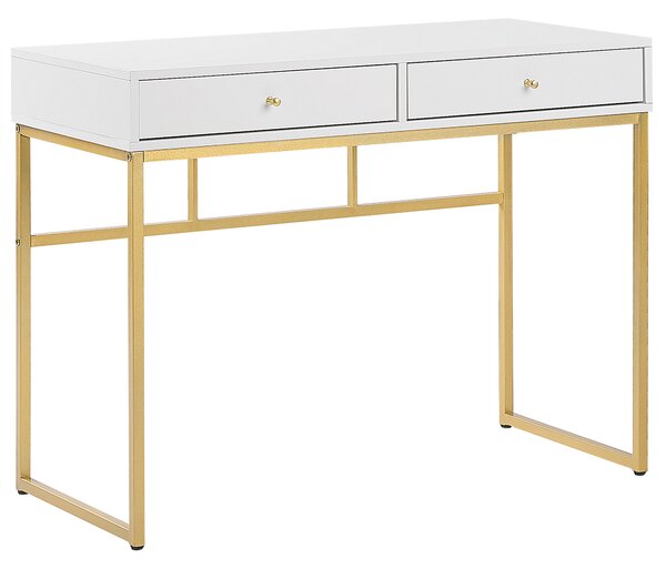 Písací stôl biela zlatá MDF kov 100 x 79 cm matný povrch 2 zásuvky moderný industriálny glamour štýl kancelária