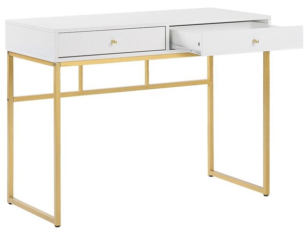 Písací stôl biela zlatá MDF kov 100 x 79 cm matný povrch 2 zásuvky moderný industriálny glamour štýl kancelária