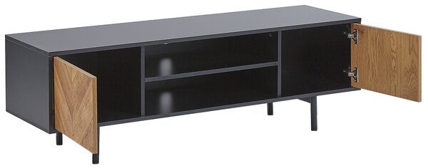 TV stolík čierna so svetlým drevom 140 cm 2 skrinky 2 police industriálny dizajn obývacia izba