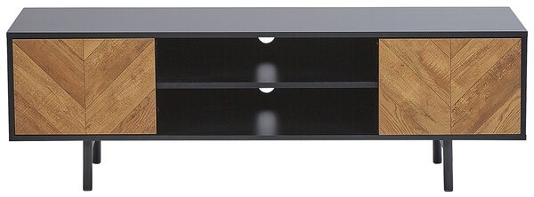 TV stolík čierna so svetlým drevom 140 cm 2 skrinky 2 police industriálny dizajn obývacia izba